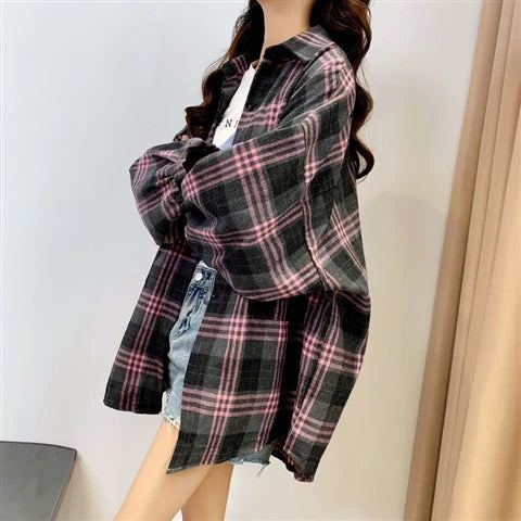 Plaid Shirt Women - Vintage Loose Blouse in Autumn Check, Trendy Long Sleeve Preppy Style
