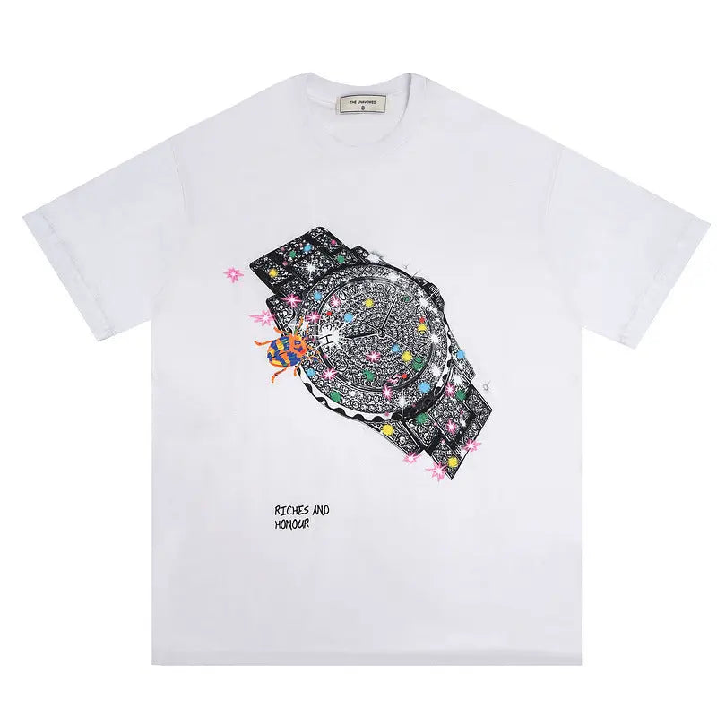 Watch Print Short-sleeved T-shirt Men Novara Shop Watch Print Short-sleeved T-shirt Men 36.00 Novara Shop White / XL Watch Print Short-sleeved T-shirt Men 36.00