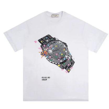 Watch Print Short-sleeved T-shirt Men Novara Shop Watch Print Short-sleeved T-shirt Men 36.00 Novara Shop White / XL Watch Print Short-sleeved T-shirt Men 36.00