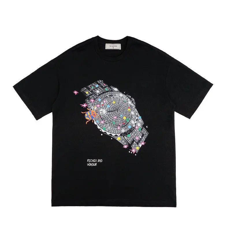 Watch Print Short-sleeved T-shirt Men Novara Shop Watch Print Short-sleeved T-shirt Men 36.00 Novara Shop Black / XL Watch Print Short-sleeved T-shirt Men 36.00