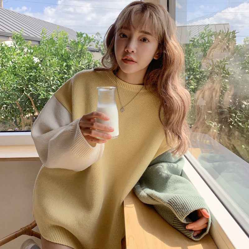 Contrast knit sweater lazy sweater