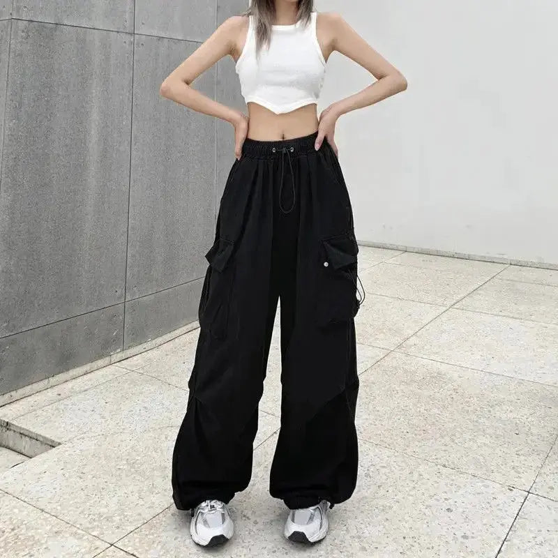 American retro tooling slacks female drape straight beam foot trousers summertime joker loose ins wide-legged pants Novara Shop Women Casual Joggers Tech Pants Solid Low Waist Pants Drawstring Wide Leg Baggy Trousers Y2k Streetwear Oversize Sweatpants  Novara Shop  Women Casual Joggers Tech Pants Solid Low Waist Pants Drawstring Wide Leg Baggy Trousers Y2k Streetwear Oversize Sweatpants