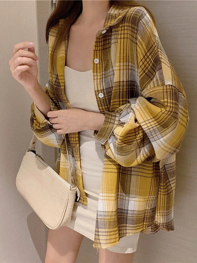 Plaid Shirt Women - Vintage Loose Blouse in Autumn Check, Trendy Long Sleeve Preppy Style