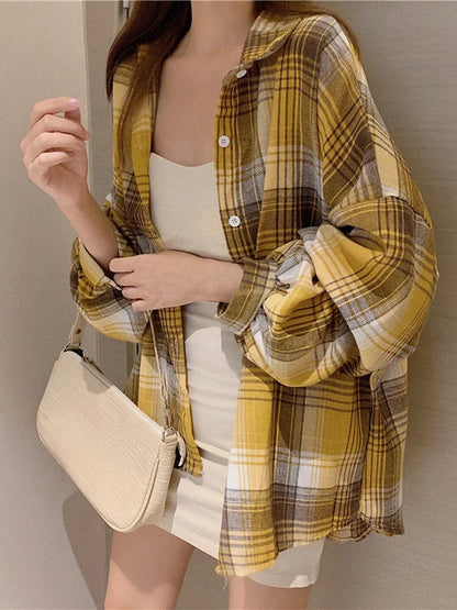 Plaid Shirt Women - Vintage Loose Blouse in Autumn Check, Trendy Long Sleeve Preppy Style