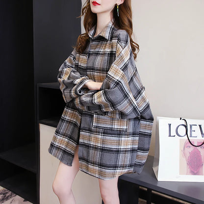 Plaid Shirt Women - Vintage Loose Blouse in Autumn Check, Trendy Long Sleeve Preppy Style
