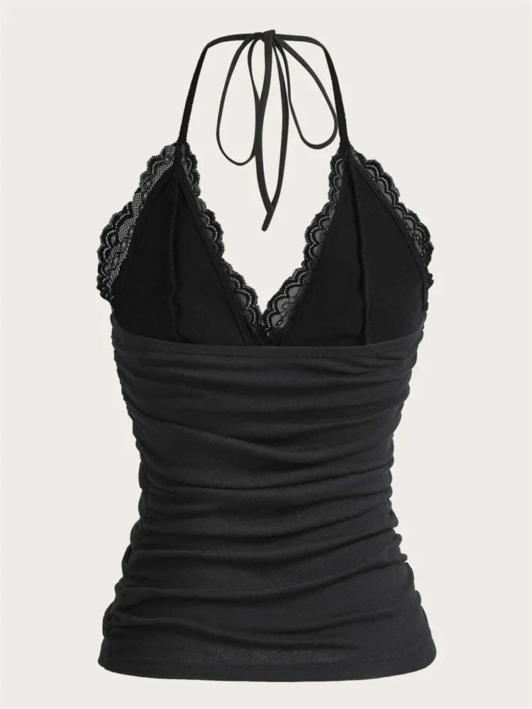 Goth Grunge Halter Top - Black Lace Patchwork Backless Ruched Tank Top for Women | Y2K Summer Streetwear Novara Shop   Novara Shop