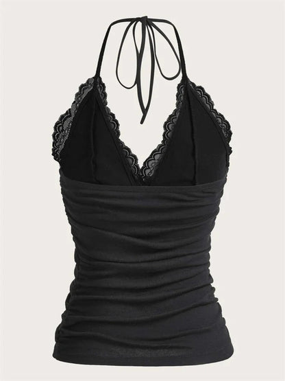 Goth Grunge Halter Top - Black Lace Patchwork Backless Ruched Tank Top for Women | Y2K Summer Streetwear Novara Shop   Novara Shop