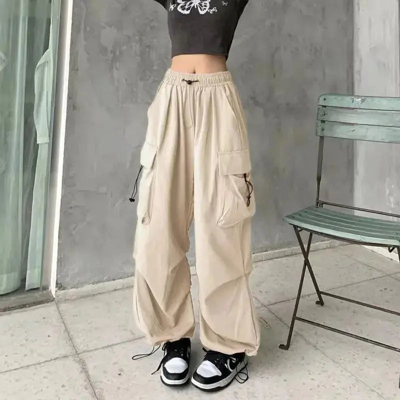 American retro tooling slacks female drape straight beam foot trousers summertime joker loose ins wide-legged pants Novara Shop Women Casual Joggers Tech Pants Solid Low Waist Pants Drawstring Wide Leg Baggy Trousers Y2k Streetwear Oversize Sweatpants  Novara Shop  Women Casual Joggers Tech Pants Solid Low Waist Pants Drawstring Wide Leg Baggy Trousers Y2k Streetwear Oversize Sweatpants
