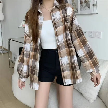 Plaid Shirt Women - Vintage Loose Blouse in Autumn Check, Trendy Long Sleeve Preppy Style