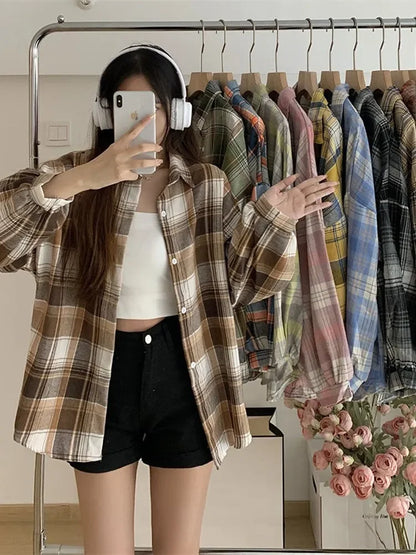 Plaid Shirt Women - Vintage Loose Blouse in Autumn Check, Trendy Long Sleeve Preppy Style