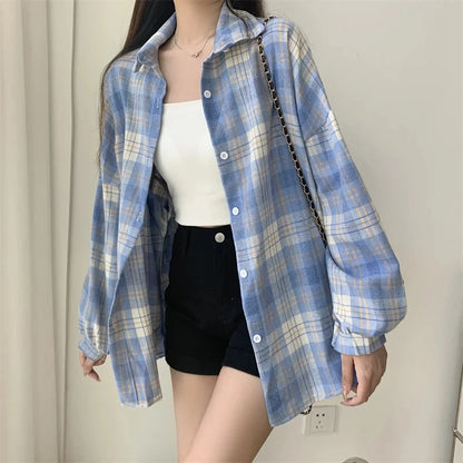 Plaid Shirt Women - Vintage Loose Blouse in Autumn Check, Trendy Long Sleeve Preppy Style