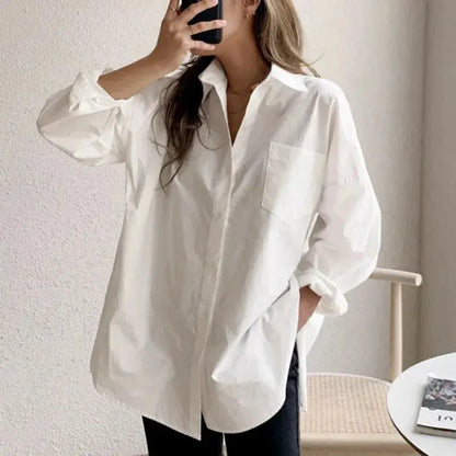 Office Lady Elegant White Casual Loose Blouses Fashion New Cotton Long Sleeve Women Shirt Turndown Collar Tops Novara Shop   Novara Shop