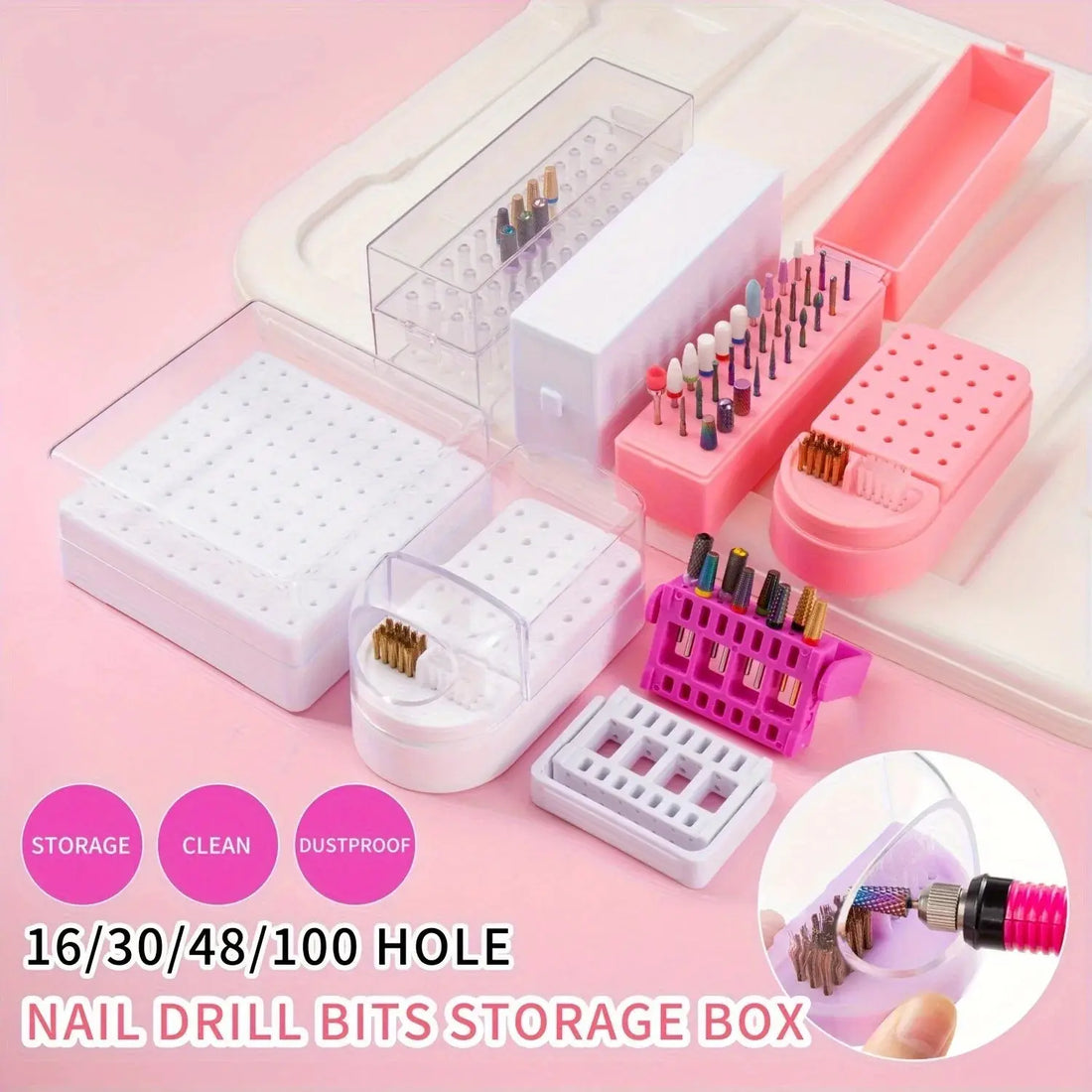 30/100 Hole 1PC of Various Styles Portable Organizer for Storing And Organizing Nail Drill Bits, Featuring a Dustproof Base Novara Shop