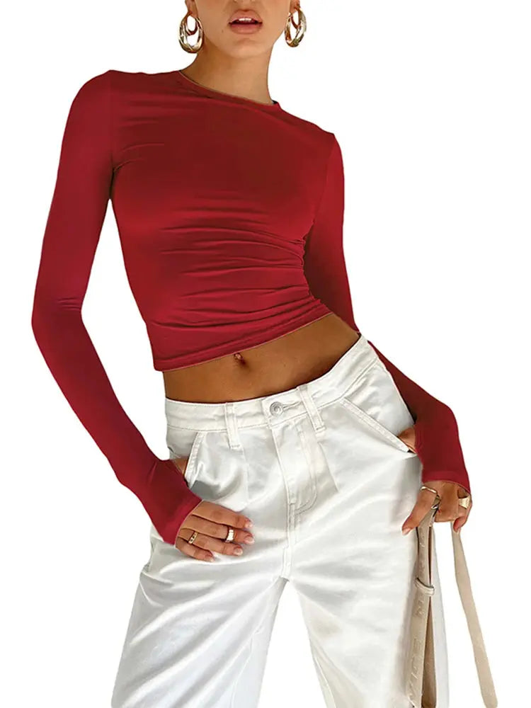 Fashion Women T-shirt Long Sleeve Crew Neck Solid Slim Fit Ladies Crop Top with Thumb Holes for Daily Streetwear Summer Camis Novara Shop   Novara Shop