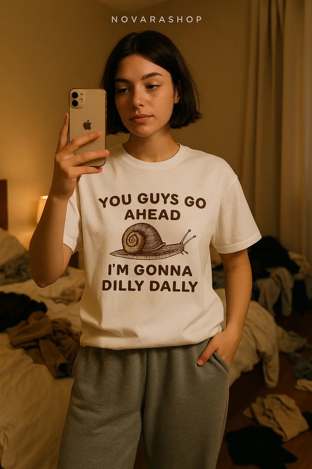 Go Ahead I Am Gonna Dilly Dally Tshirt Man Retro Funny Snail Minimalistic T-Shirt Women Short Sleeve T Shirt Tees - Novarashop