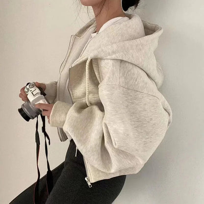 2024 Spring Autumn Fleece-Lined Cropped Sweatshirt for Women - Versatile Zip-Up Navy Blue Hooded Design Novara Shop   Novara Shop