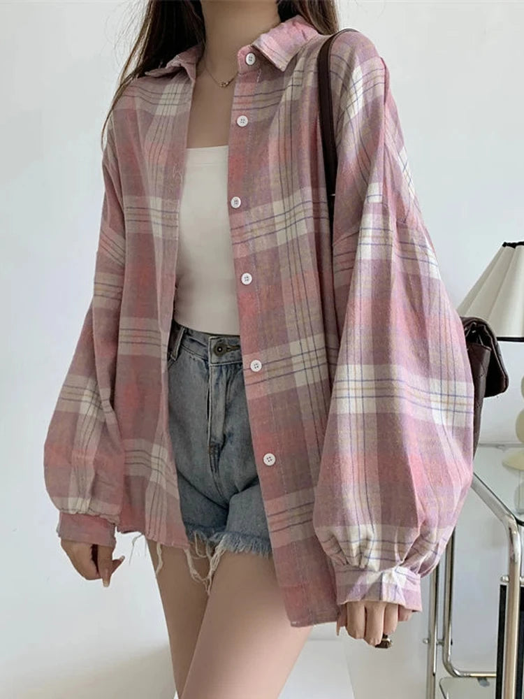 Plaid Shirt Women - Vintage Loose Blouse in Autumn Check, Trendy Long Sleeve Preppy Style