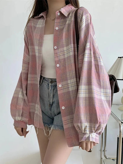 Plaid Shirt Women - Vintage Loose Blouse in Autumn Check, Trendy Long Sleeve Preppy Style