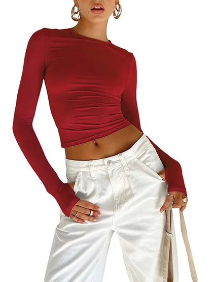 Fashion Women T-shirt Long Sleeve Crew Neck Solid Slim Fit Ladies Crop Top with Thumb Holes for Daily Streetwear Summer Camis Novara Shop   Novara Shop