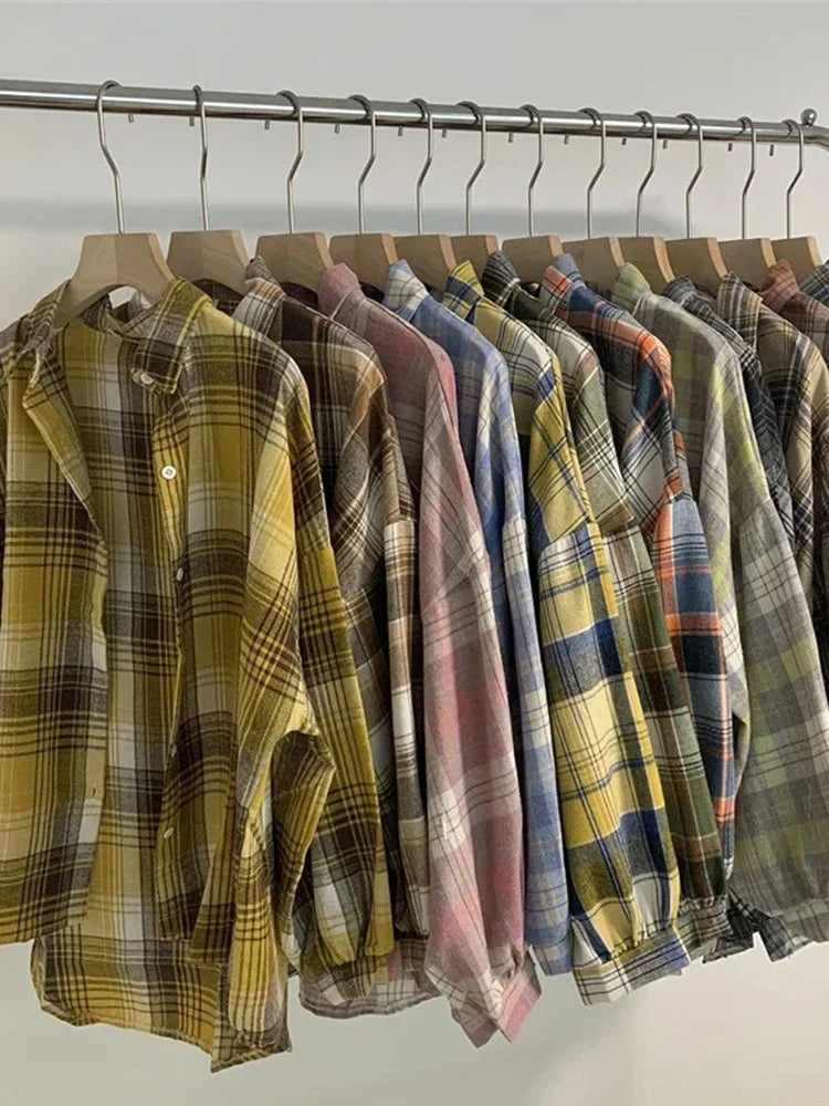 Plaid Shirt Women - Vintage Loose Blouse in Autumn Check, Trendy Long Sleeve Preppy Style