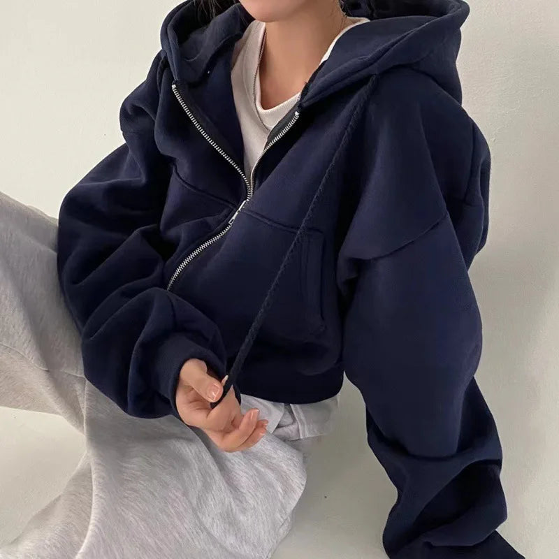 2024 Spring Autumn Fleece-Lined Cropped Sweatshirt for Women - Versatile Zip-Up Navy Blue Hooded Design Novara Shop   Novara Shop