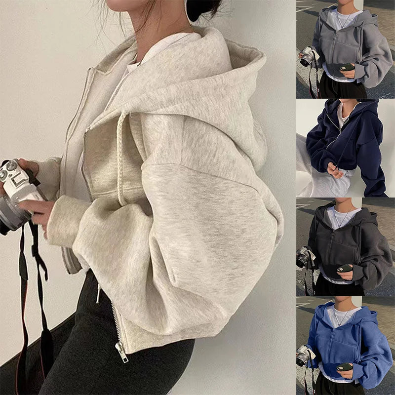 2024 Spring Autumn Fleece-Lined Cropped Sweatshirt for Women - Versatile Zip-Up Navy Blue Hooded Design Novara Shop   Novara Shop