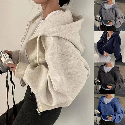 2024 Spring Autumn Fleece-Lined Cropped Sweatshirt for Women - Versatile Zip-Up Navy Blue Hooded Design Novara Shop   Novara Shop