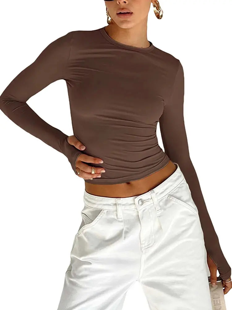 Fashion Women T-shirt Long Sleeve Crew Neck Solid Slim Fit Ladies Crop Top with Thumb Holes for Daily Streetwear Summer Camis Novara Shop   Novara Shop