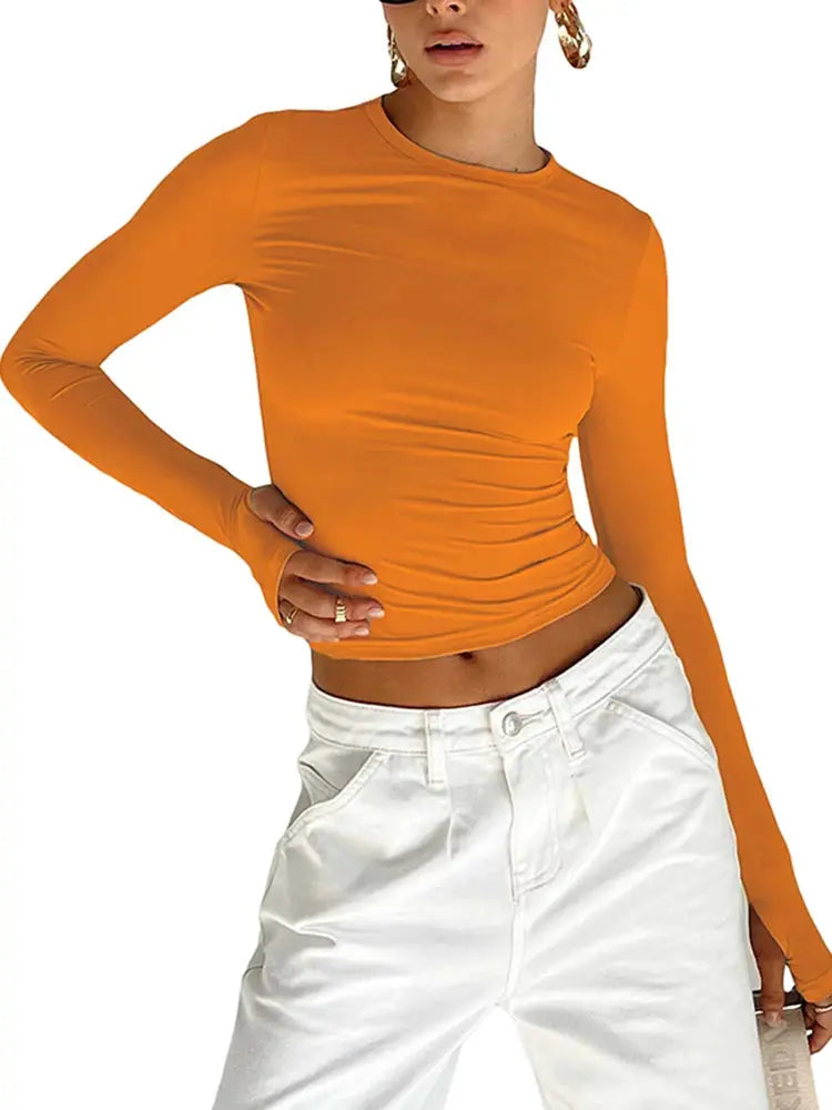 Fashion Women T-shirt Long Sleeve Crew Neck Solid Slim Fit Ladies Crop Top with Thumb Holes for Daily Streetwear Summer Camis Novara Shop   Novara Shop