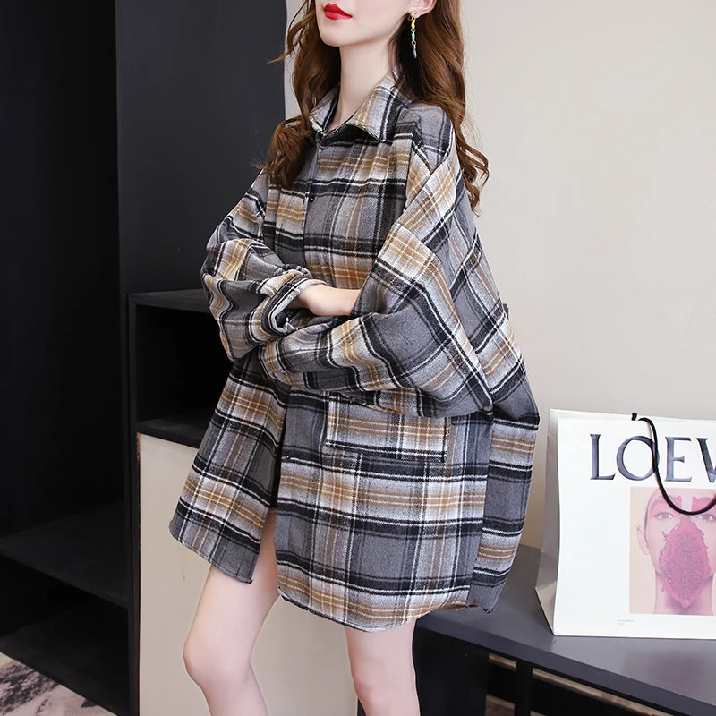 Plaid Shirt Women - Vintage Loose Blouse in Autumn Check, Trendy Long Sleeve Preppy Style