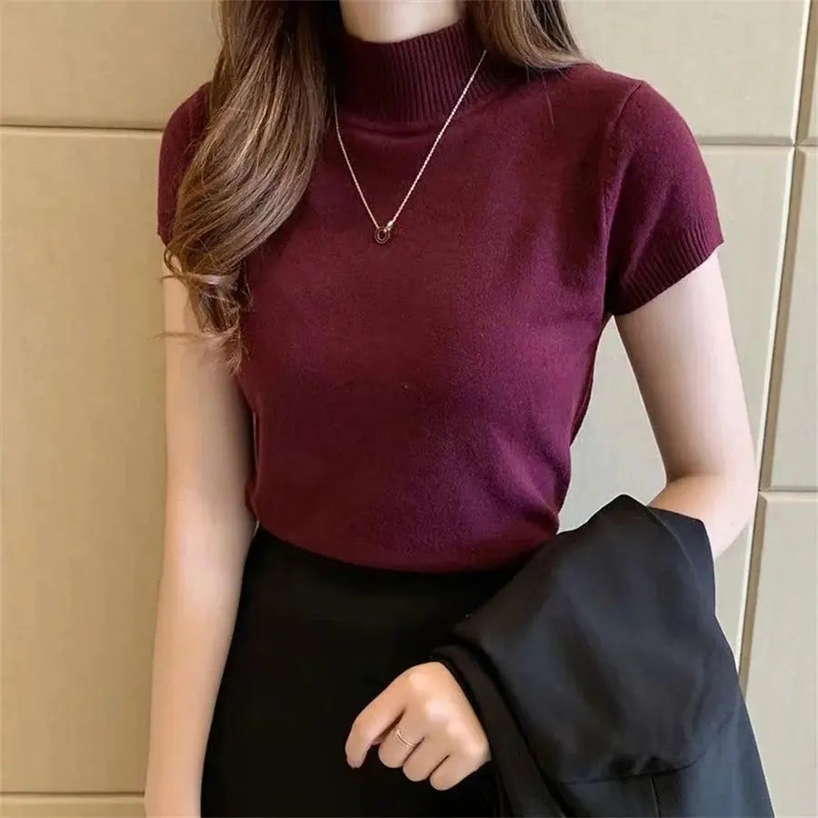 Fashion Woman Blouses Short Sleeve Summer Tops Blouse Women Turtleneck Knitted Blouse Shirt Women Tops Blouses DF4908 Novara Shop   Novara Shop