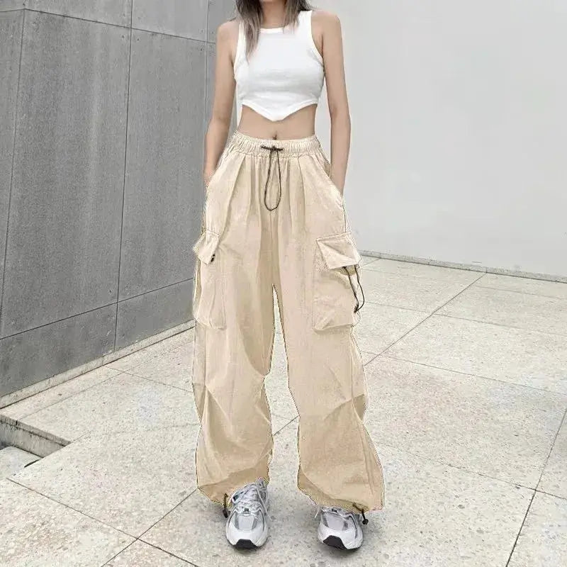 American retro tooling slacks female drape straight beam foot trousers summertime joker loose ins wide-legged pants Novara Shop Women Casual Joggers Tech Pants Solid Low Waist Pants Drawstring Wide Leg Baggy Trousers Y2k Streetwear Oversize Sweatpants  Novara Shop  Women Casual Joggers Tech Pants Solid Low Waist Pants Drawstring Wide Leg Baggy Trousers Y2k Streetwear Oversize Sweatpants