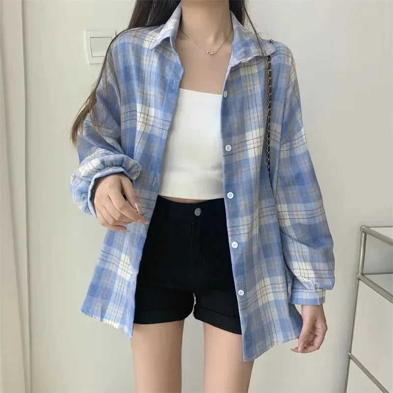 Plaid Shirt Women - Vintage Loose Blouse in Autumn Check, Trendy Long Sleeve Preppy Style