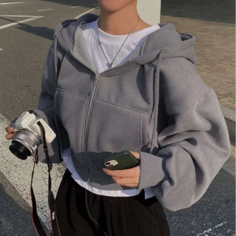2024 Spring Autumn Fleece-Lined Cropped Sweatshirt for Women - Versatile Zip-Up Navy Blue Hooded Design Novara Shop   Novara Shop