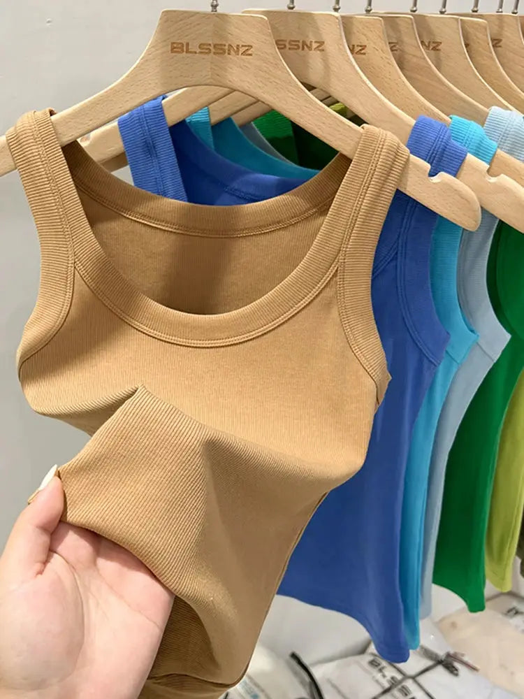 zjaiss Women Solid Round Neck Ribbed Tank Top Camisole Women 2025 Summer Basic Elastic Tank Top Novara Shop   Novara Shop