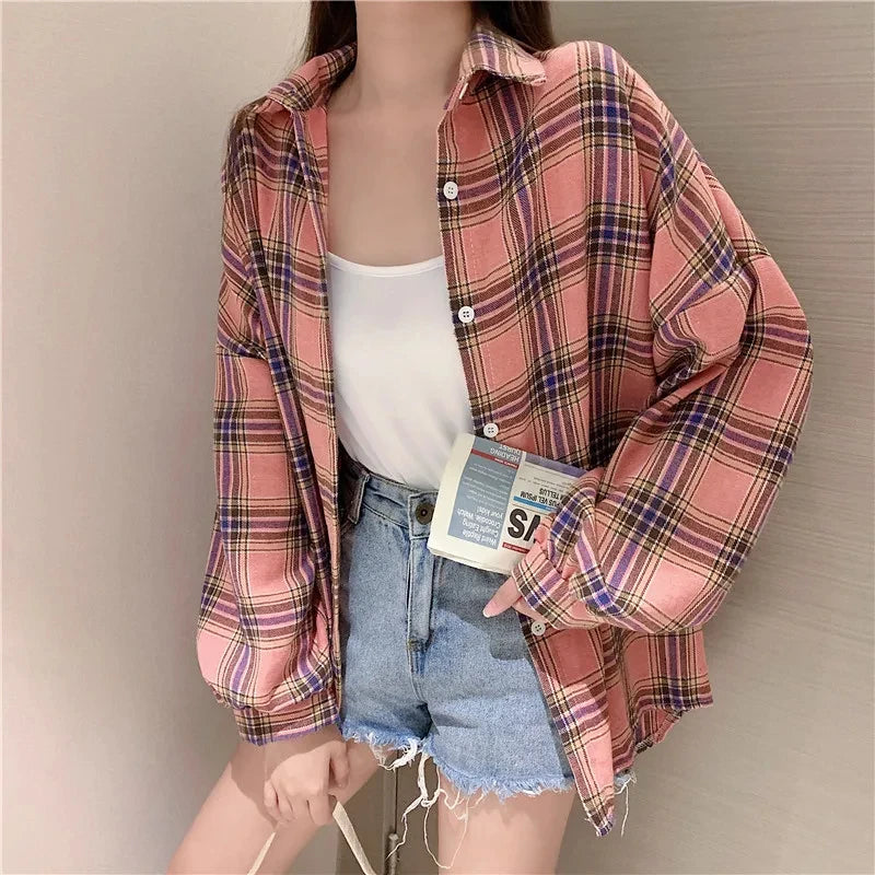 Plaid Shirt Women - Vintage Loose Blouse in Autumn Check, Trendy Long Sleeve Preppy Style