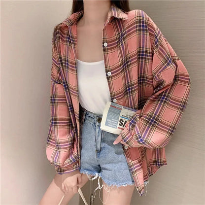 Plaid Shirt Women - Vintage Loose Blouse in Autumn Check, Trendy Long Sleeve Preppy Style