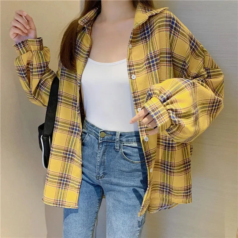 Plaid Shirt Women - Vintage Loose Blouse in Autumn Check, Trendy Long Sleeve Preppy Style