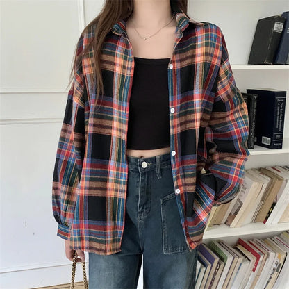 Plaid Shirt Women - Vintage Loose Blouse in Autumn Check, Trendy Long Sleeve Preppy Style