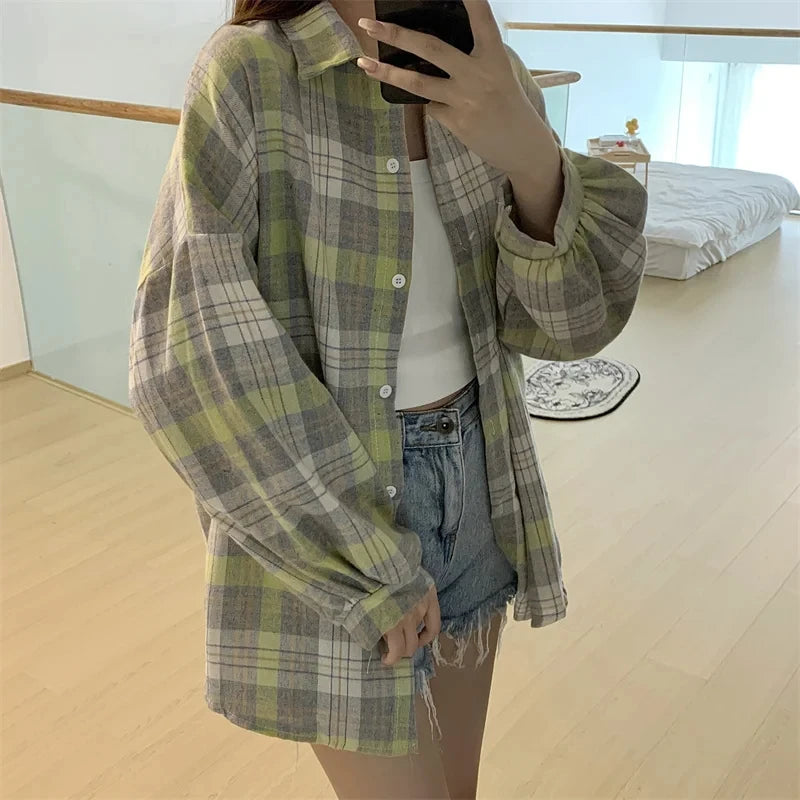 Plaid Shirt Women - Vintage Loose Blouse in Autumn Check, Trendy Long Sleeve Preppy Style