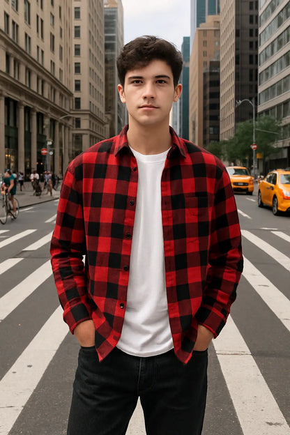 Trendy Black White Plaid Shirt Men&
