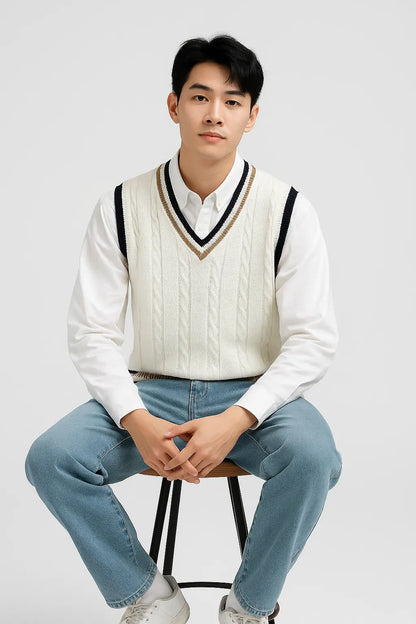 Sweater Vest Men Thicken V-neck Sleeveless Knitted Sweaters Vests Striped Retro Preppy-style Simple Chic Loose Casual All-match Novara Shop