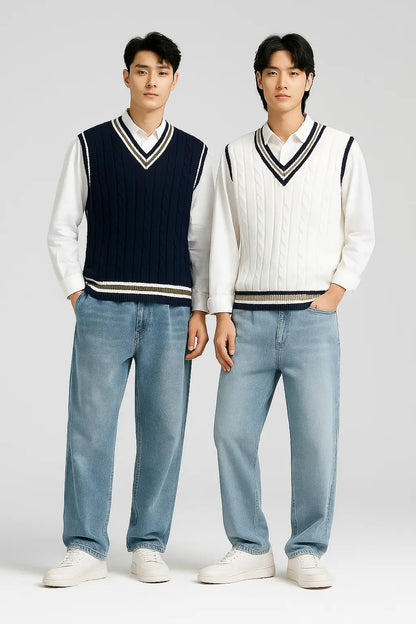 Sweater Vest Men Thicken V-neck Sleeveless Knitted Sweaters Vests Striped Retro Preppy-style Simple Chic Loose Casual All-match Novara Shop