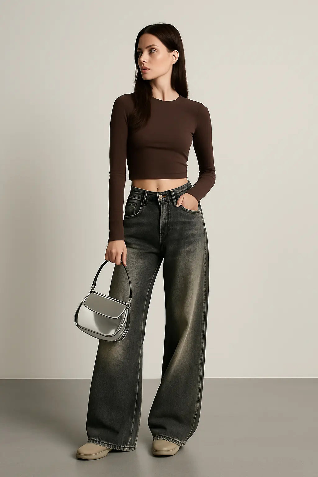 Vintage Distressed Wide-leg Jeans Women&