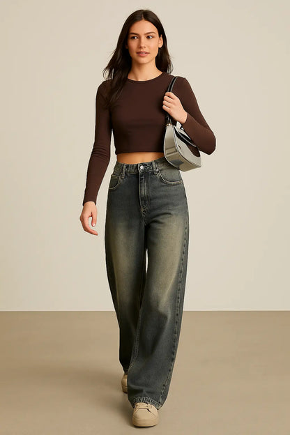 Vintage Distressed Wide-leg Jeans Women&