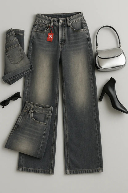 Vintage Distressed Wide-leg Jeans Women&