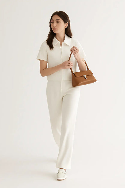 Fashion Set For Women Summer 2025 New Slim Lapel Zipper Short Sleeve Coat Top Wide Leg Pants Two Piece Set Leisure Black Novara Shop
