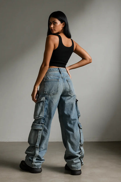 American Fashion Trends Joker Tooling Pocket Baggy Jeans Female Street Y2K New Hip Hop Oversized Wide-leg Pants Unisex Jeans Novara Shop
