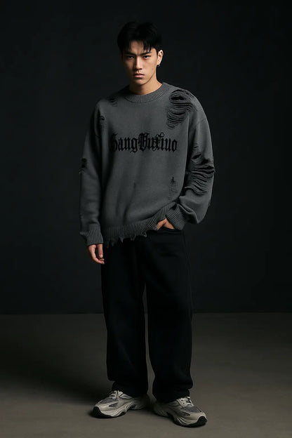 Torn Smooth Sweater Men Retro Ripped Hole Knitted Letter Plain Jumpers Men Streetwear Hip Hop Harajuku Punk Gothic Sweaters Novara Shop