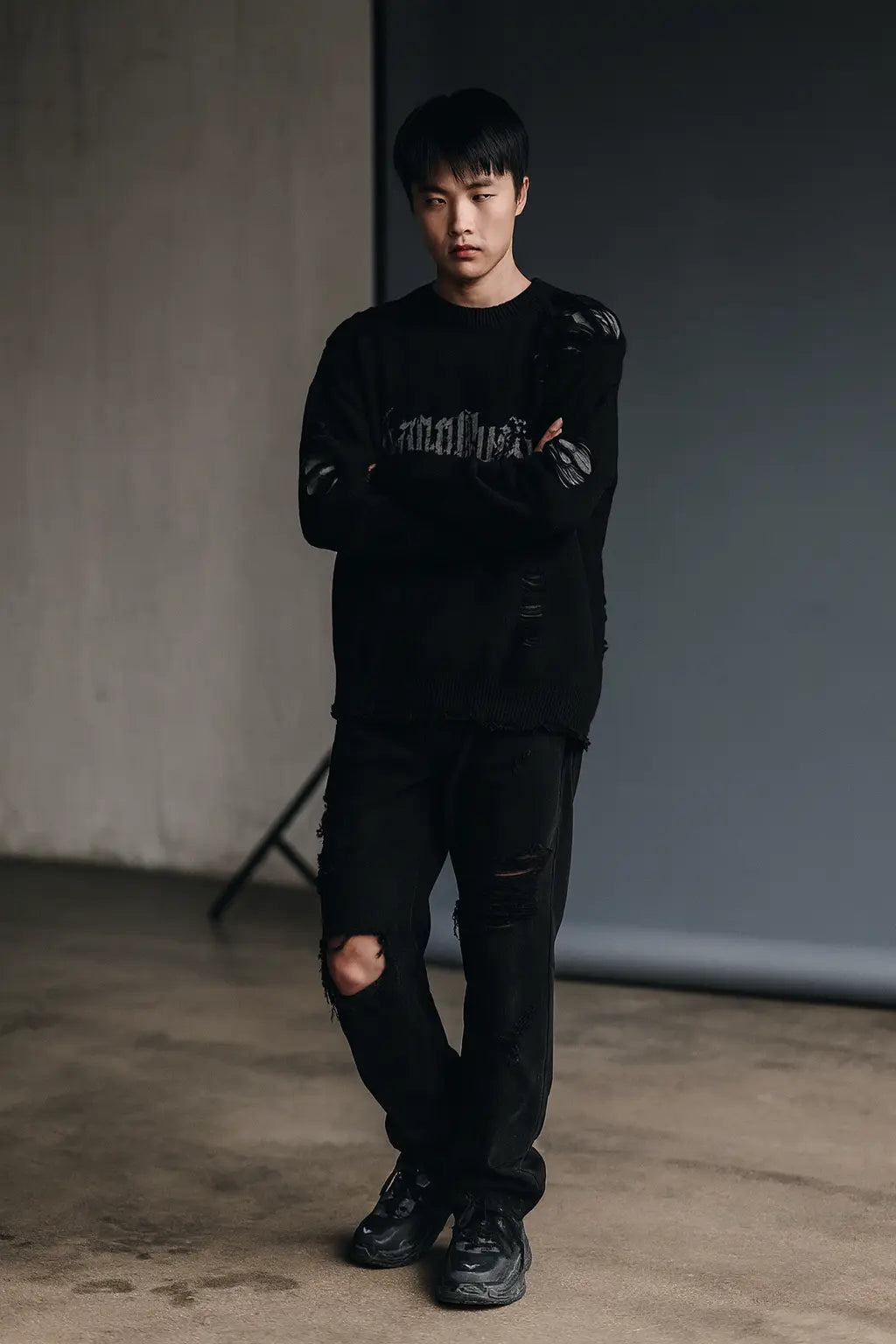 Torn Smooth Sweater Men Retro Ripped Hole Knitted Letter Plain Jumpers Men Streetwear Hip Hop Harajuku Punk Gothic Sweaters Novara Shop
